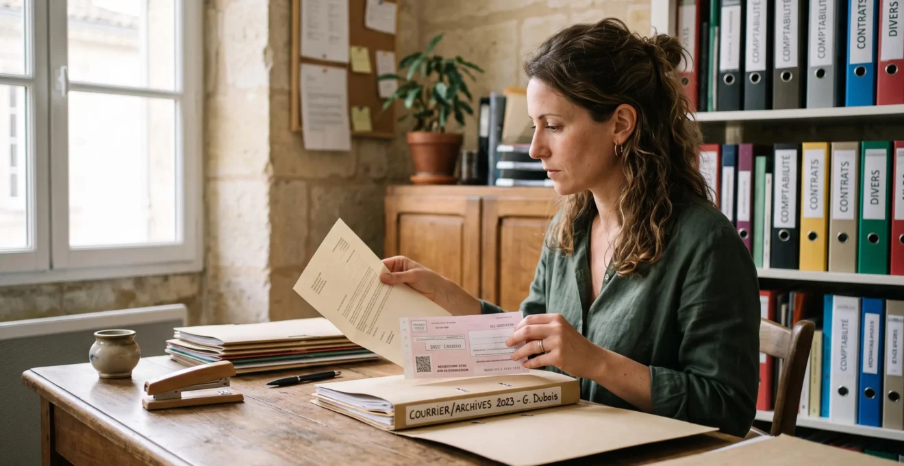Une femme archive un courrier et son reçu dans un dossier de bureau.