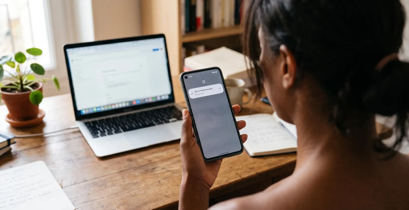 Une main consulte une notification d'envoi de document sur un smartphone.