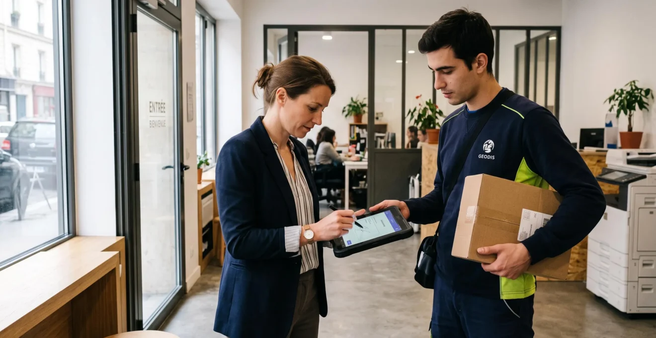 Un professionnel signe un accusé de réception sur tablette à la réception d'un colis.